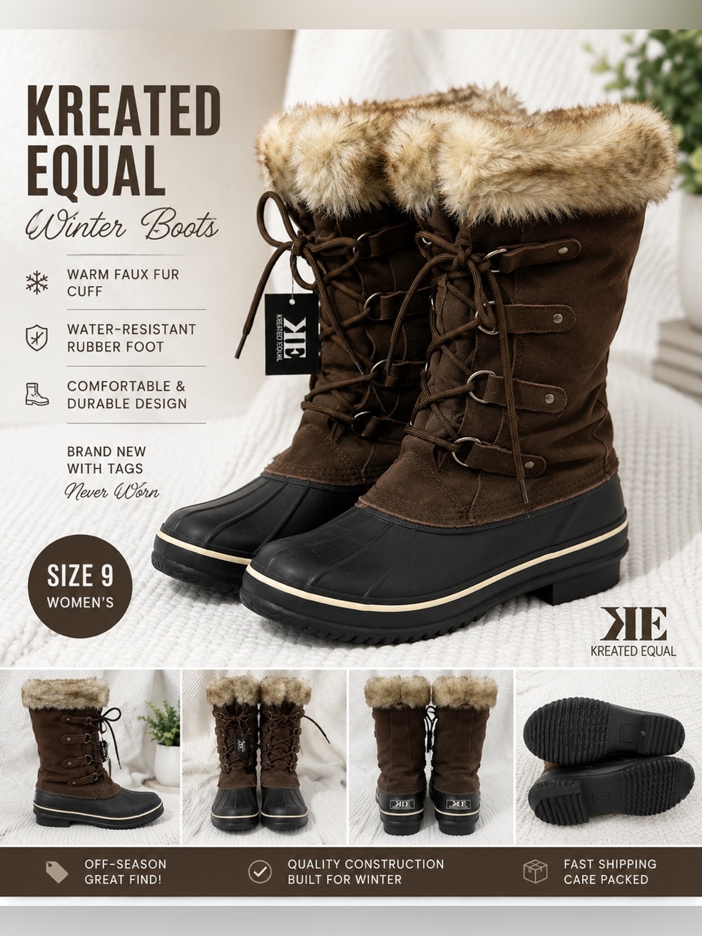 Kreated Equal Brown Faux Fur Duck Boots Women’s 9 NWT Winter Snow Waterproof
